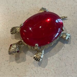 VTG 60s Large MCM Handset Red Jelly Belly Glass Cabochon Figural Turtle Brooch